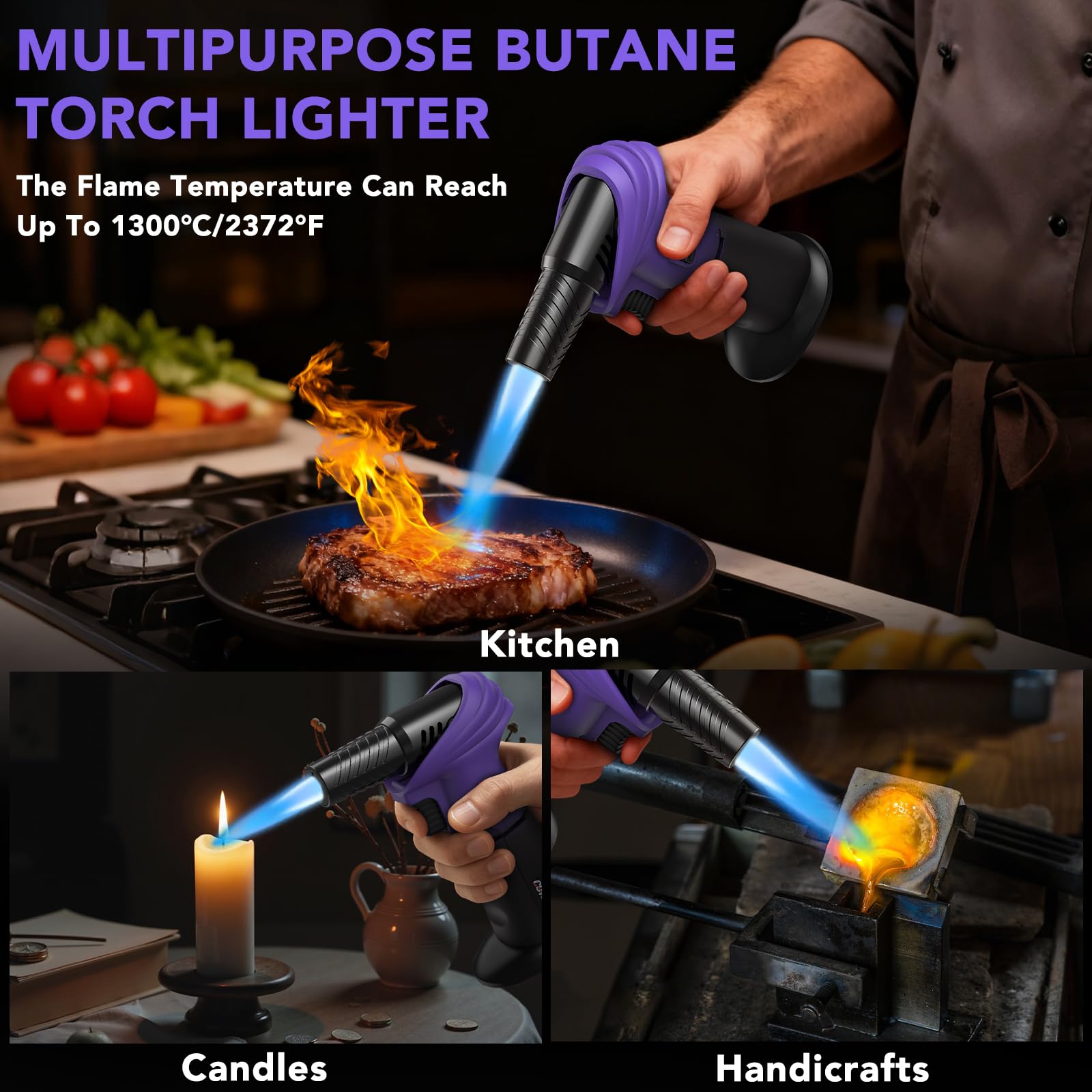 Encendedor de butano, ángulo giratorio de 0 a 90°, encendedor de butano, linterna de cocina recargable con bloqueo de seguridad (morado y negro)