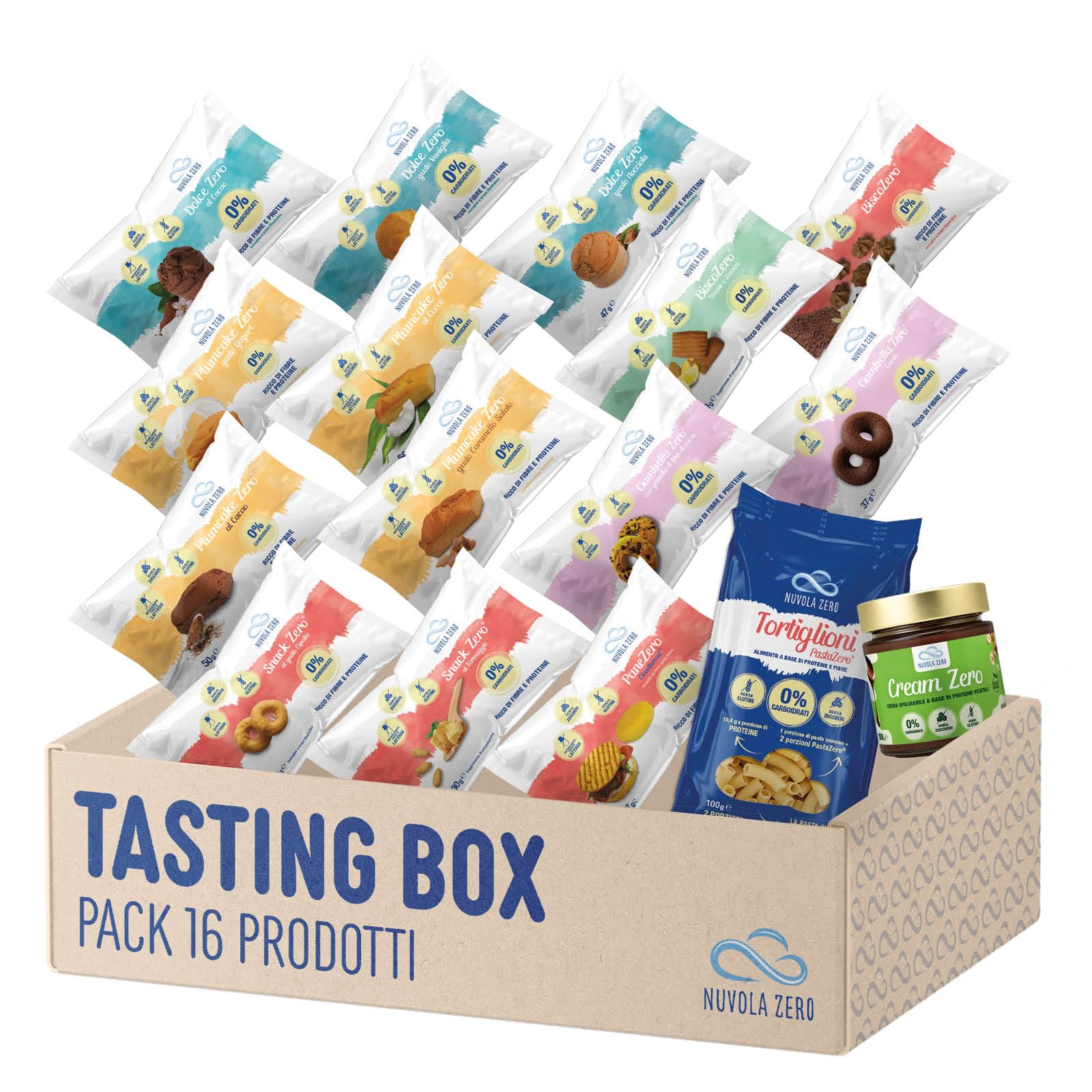 Nuvola Zero Tasting Box 16 Pezzi Zero Carboidrati, Senza Zucchero, Senza Glutine e Lattosio, Ricco di Fibre e Proteine per Colazione, Merenda, Pranzo e Cena