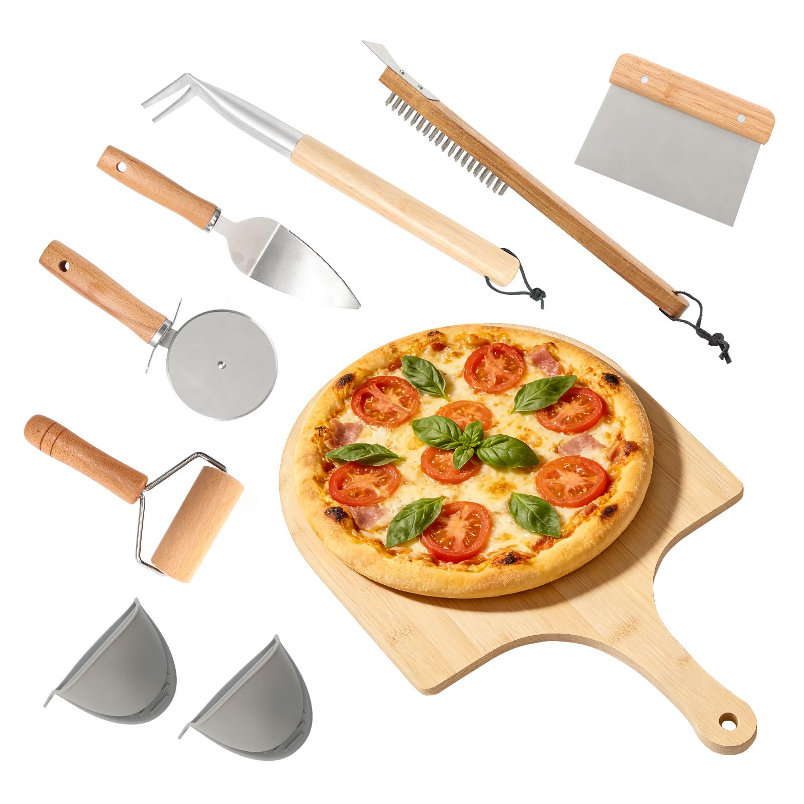 Kit di accessori per forno per pizza, versatile kit di 7 strumenti per la preparazione della pizza, per forni domestici ed esterni, include pala per pizza, spazzola da forno, paletta per bolle