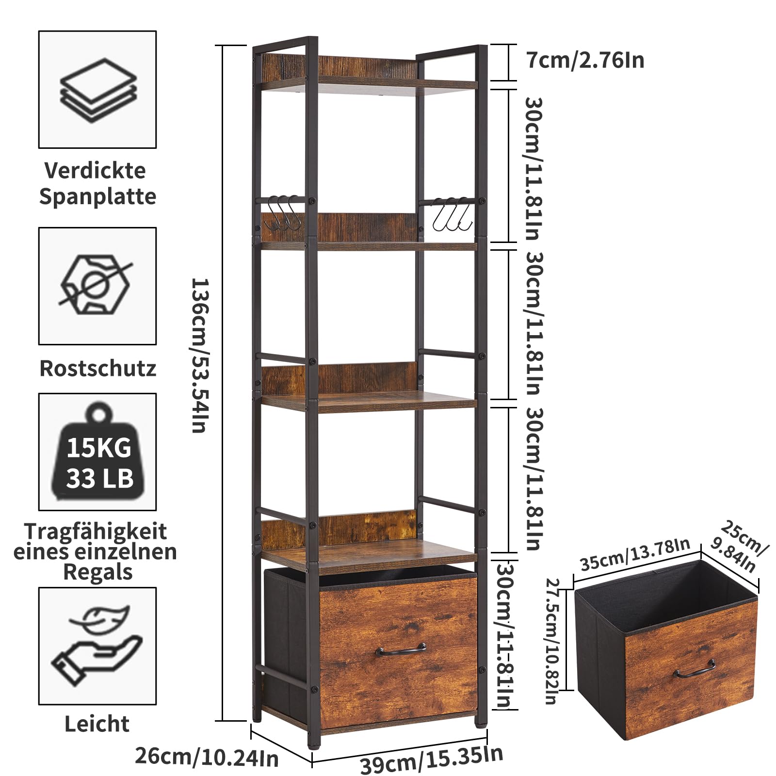 Aibiju Regal-Bücherregal, 5-stufiges industrielles Bücherregal mit Schubladen aus Stoffstoff, freistehendes Regal für Wohnzimmer, Schlafzimmer, Küche, Büro, Stahlrahmen, rustikales Braun YD-BC001H