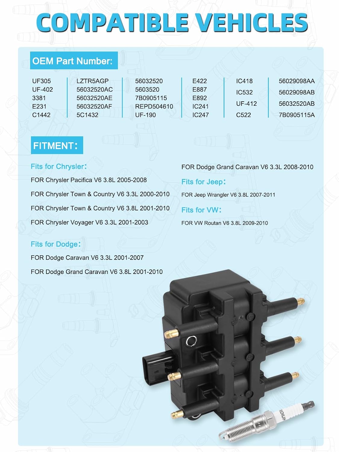 UF305 Ignition Coil Pack LZTR5AGP Spark Plug Iridium 6PCS (3.3L 3.8L) 2000-2011 For Chrysler Pacifica Town Country Voyager,for Dodge Caravan Grand Caravan,for Jeep Wrangler,for VW Routan