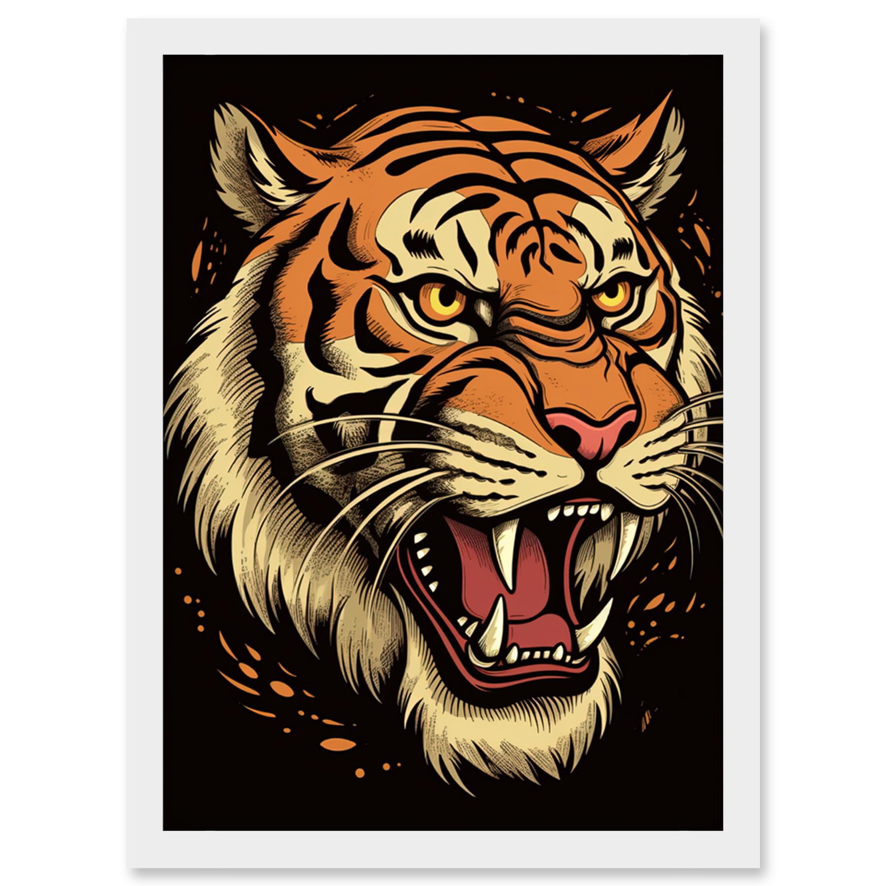 Artery8 Old School USA Tattoo Ink Body Art Growling Tiger Rockabilly Americana 50s Artwork Framed Wall Art Print A4