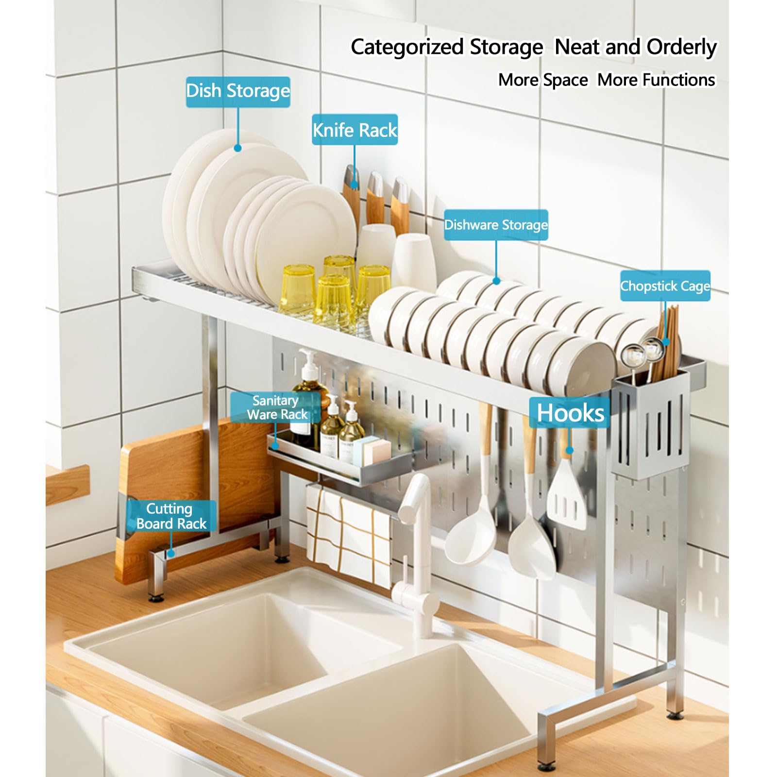 Escurridor de platos, estante de almacenamiento extensible de acero inoxidable para fregadero, diseño estable para platos, vasos, cuencos y cubiertos, organizador de cocina multifuncional
