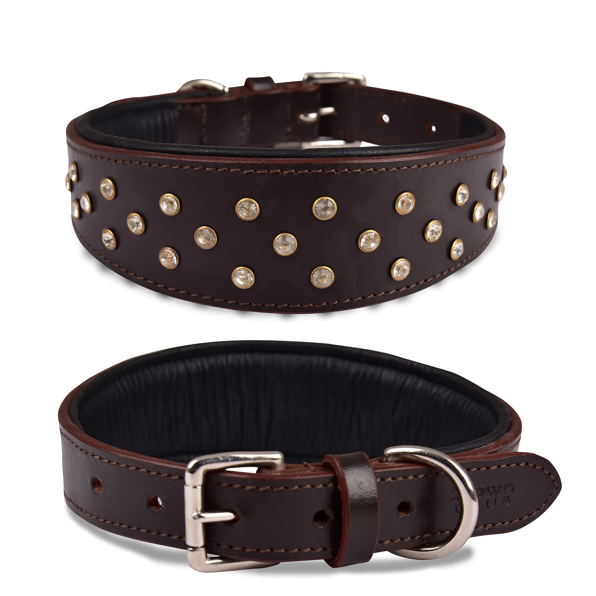 DowgClub Genuine Leather ‘Cupola’ Series Dog Collar | Rhinestone | Soft, Cushion Padding, Handmade | Best for Medium, Large, XL Breeds (XL (Neck Size
