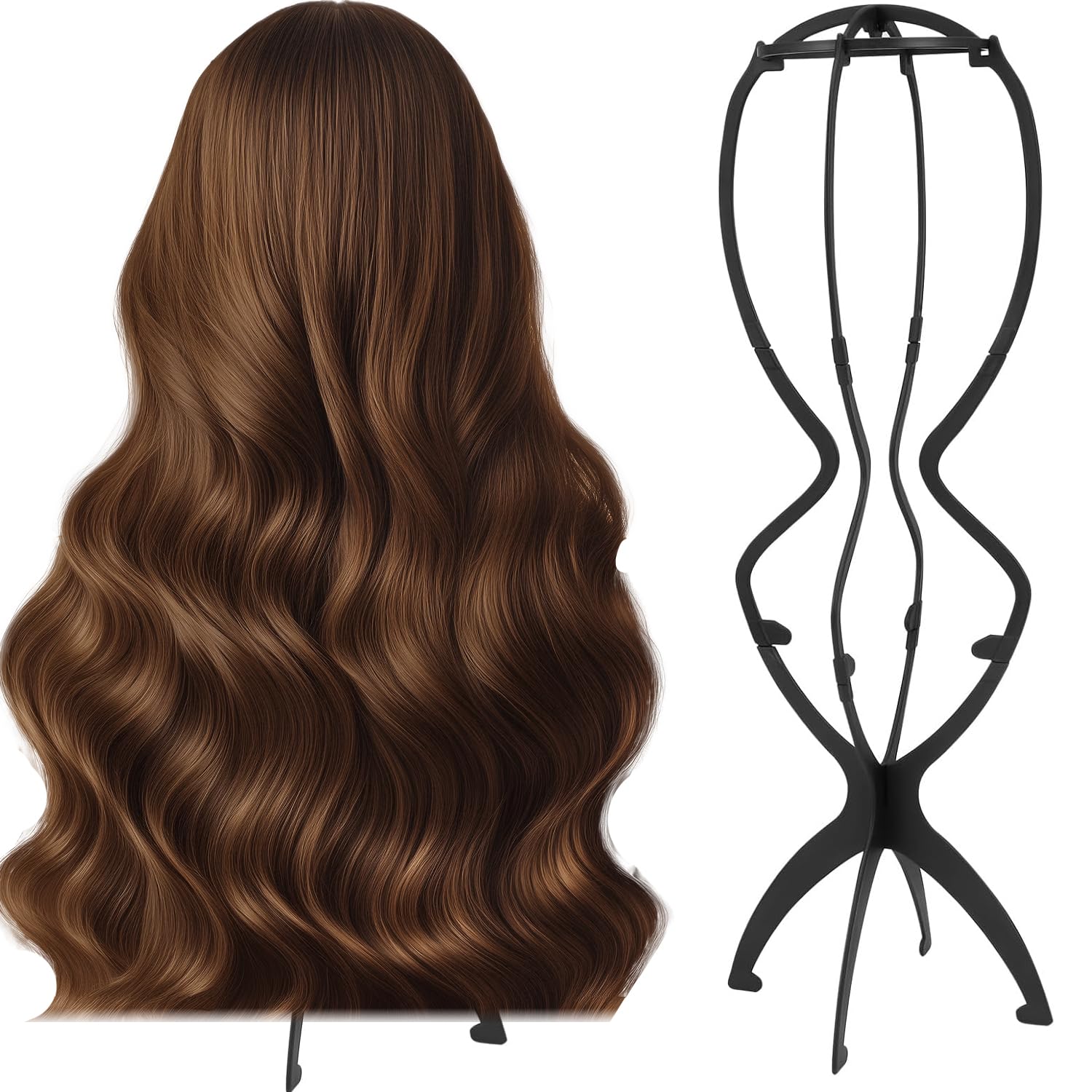 YUNYU Adjustable Wig Stand, 50 cm Tall, Plastic Display Head for Long Hair Foldable, 2-Pack, Black