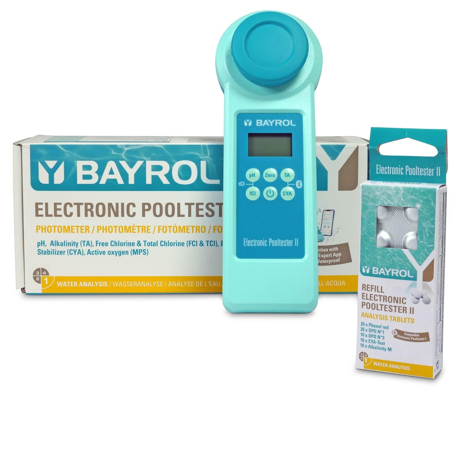 BAYROL Elektronischer Pooltester II Set mit Refill-Pack & Bluetooth | Digitales Photometer mit App-Anbindung, 140 Testtabletten und Analyse von bis zu 13 Wasserparametern