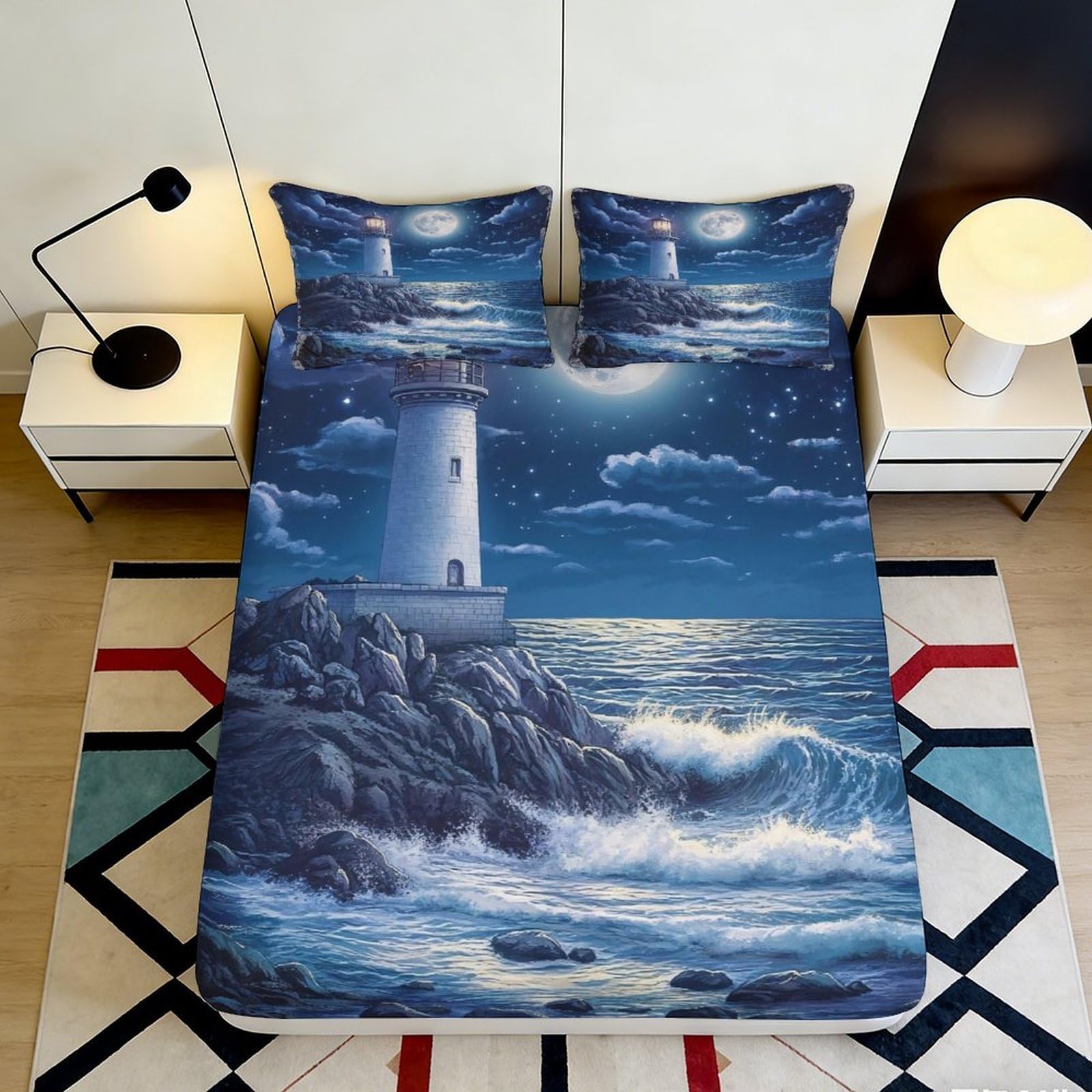 3D Printed Night Lighthouse Fitted Sheet Microfiber Coastal Ocean Mattress Cover for Bedroom Guest Room Easy Care 90x200x25cm