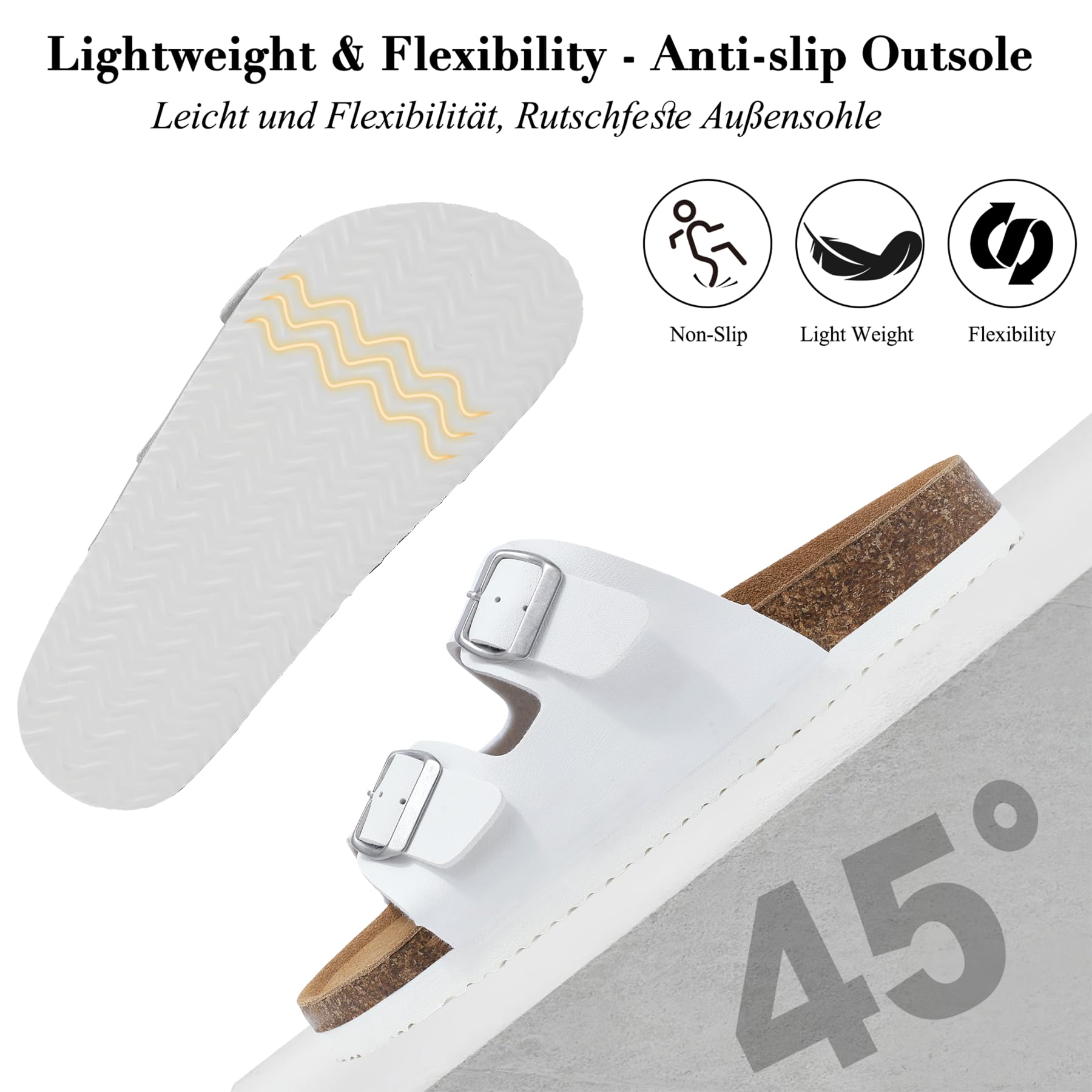 Sandalias y Mules Mujer con Dos Hebillas Ajustables Comodas Cuero Sandalias Planas de Corcho, Ligero Sandalias Ortopedicas con Arch Fit Antideslizante Zapatillas con Punta Abierta 36-42EU