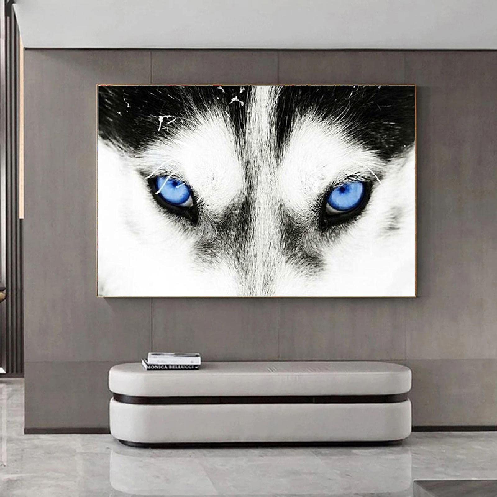 Guying Art Il feroce lupo delle nevi con gli occhi azzurri Dipinto su tela Poster Stampe Immagini da parete per soggiorno Decorazioni per pareti domestiche 30x50 cm (12x20 pollici) con cornice