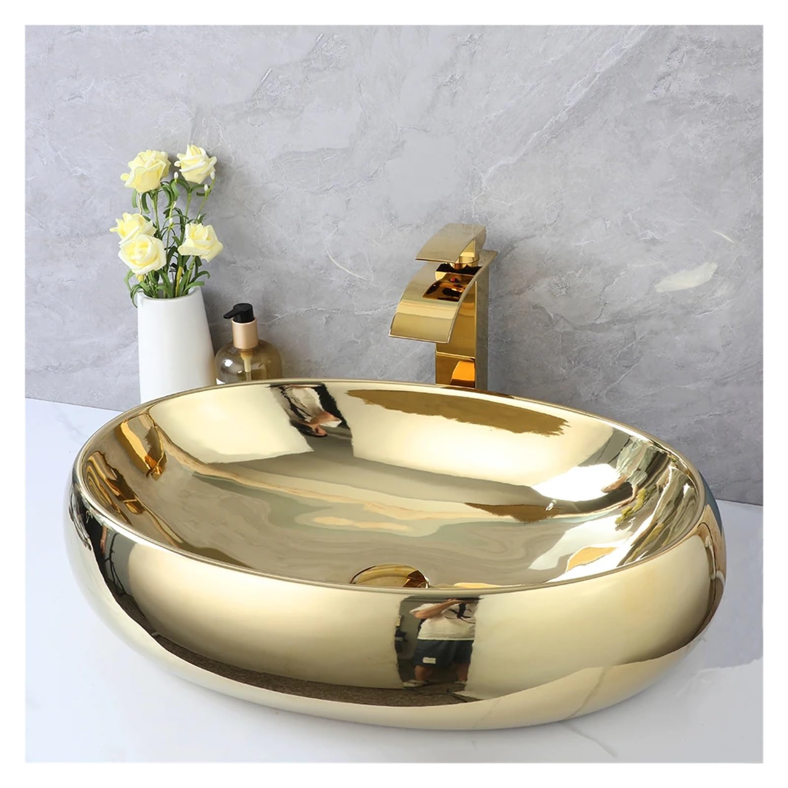 Bathroom Sink 23 Inch Bathroom Vessel Sink Gold Ceramic Sinks Above Counter Oval Bathroom Sink with Gold Waterfall Faucet Mixer(Basin Faucet Set)