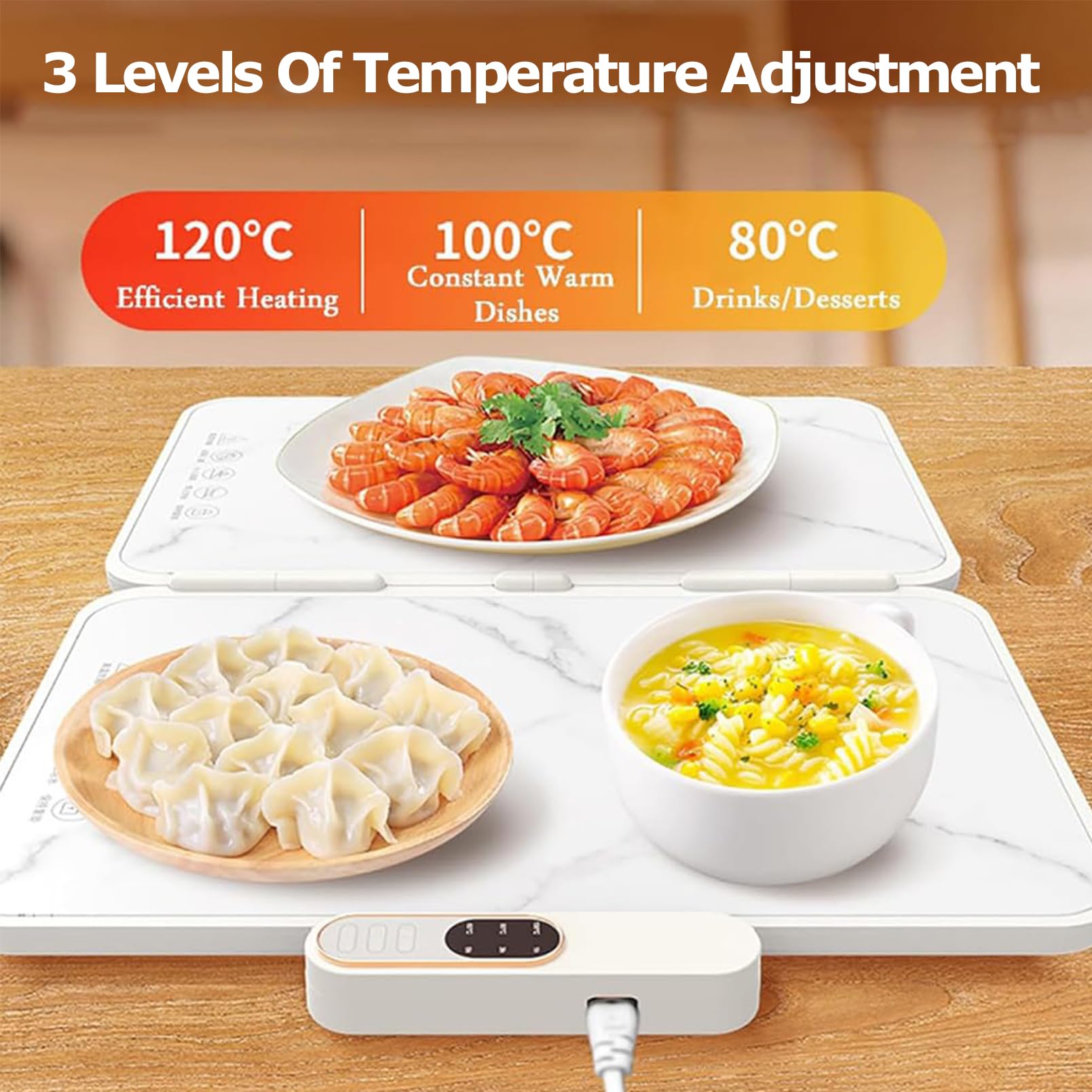 Plateau chauffant électrique, pliable, pour garder les aliments au chaud avec 3 températures d'isolation thermique efficace de 130 ℃, verre trempé de 3 mm, facile à nettoyer pour les réunions de