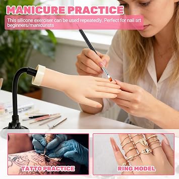 Practise Hand for Acrylic Nails Flexible Manicure Hand with Nail Tips Brushes Glitter Sequins Rhinestones Hand Nail Practice Kit for Salons Home DIY