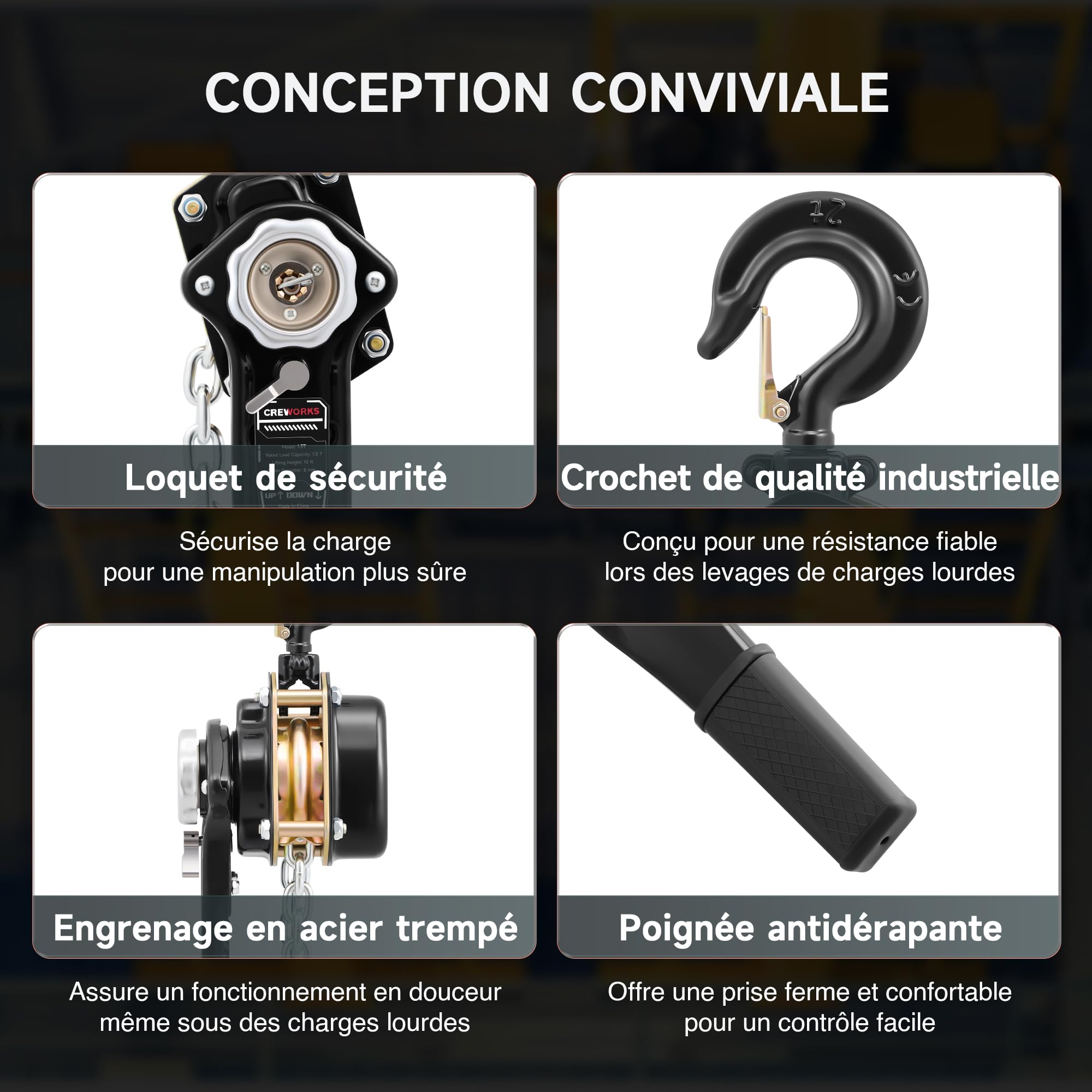 CREWORKS Palan à Chaîne avec Crochet Robuste, Capacité 1,5T avec Chaîne Galvanisée G80 et Crochets Pivotants, Palan Manuel à Levier 3m pour Bâtiment Entrepôt Usine Automobile