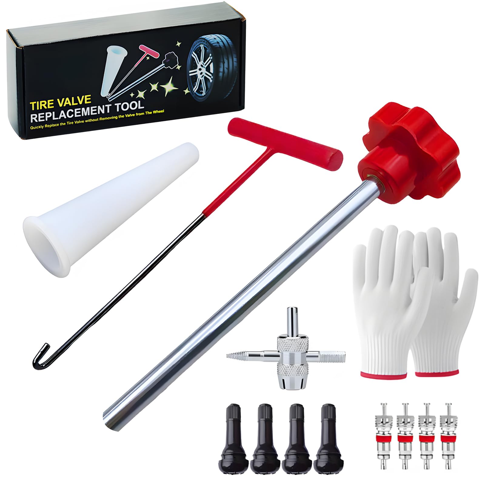 Set di Attrezzi per Valvole Pneumatici, Set di Attrezzi per l'installazione Della Valvola, Estrattore Stelo, Attrezzo per Ganci, Attrezzi Ausiliari e Guanti, per Auto, Camion