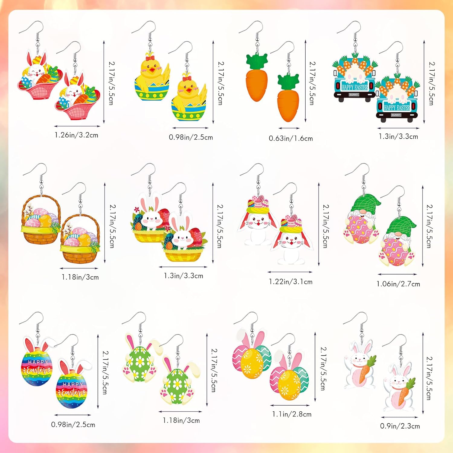 12 Pairs Easter Earrings for Women Acrylic Wooden Bunny Rabbit Earrings Easter Eggs Drop Dangle Earrings for Women Jewelry Gift - Image 2