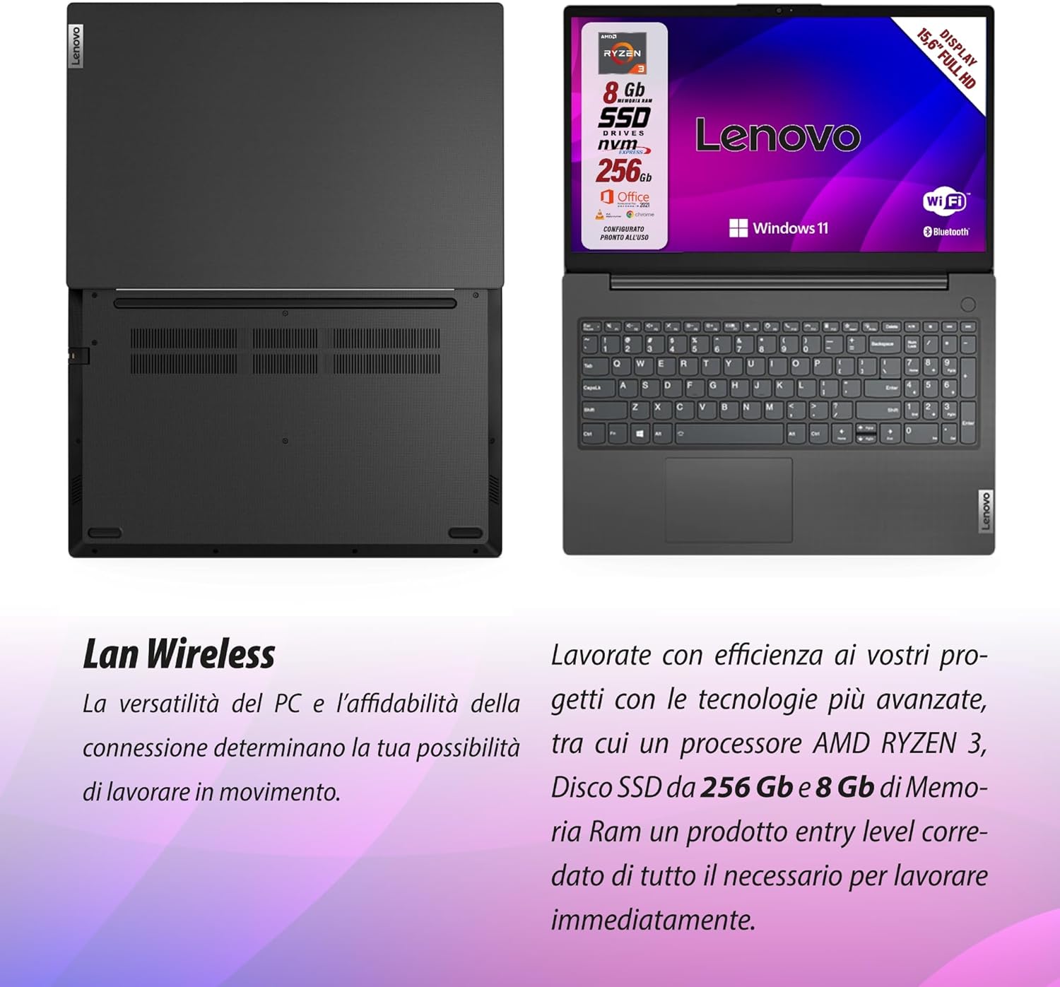 Lenovo, pc portatile notebook, Amd Ryzen 3 7Th, RAM 8Gb, SSD 256Gb, Display 15.6 FHD, Web cam, 3 usb, Wi-fi, hdmi, Win11 Pro, SUite Office Pro, preconfigurato e pronto alluso + mouse wireless