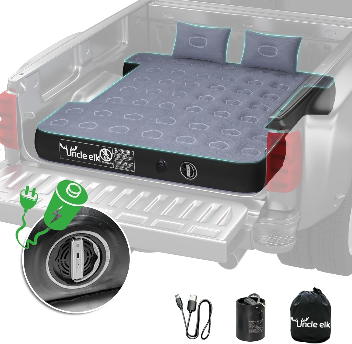 Truck Bed Mattress 5.5-5.8ft: Inflatable Full Size Truck Bed Air Mattress with Wireless Rechargeable Pump, Pickup Mattress with Carry Bag (Grey) Truck Bed Mattress Grey