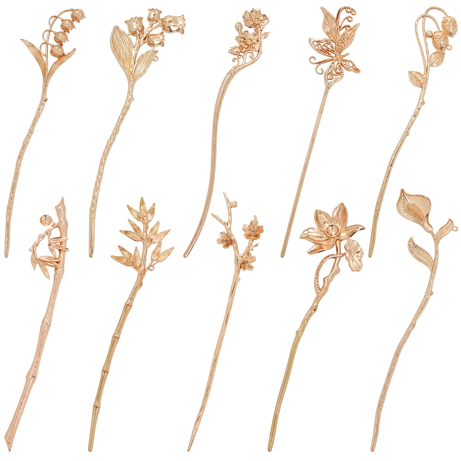 Lawie 10 Pack Gold Hair Sticks Flower Leaf Decorative Metal Long Hair Pins Bun Holders Chopsticks for Hair Chinese Hanfu Costume Retro Vintage Fancy