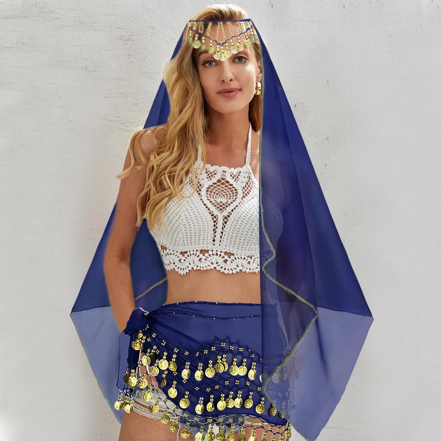 4 Pcs Belly Dance Outfit Sets Belly Dance Chiffon Hip Scarf, Head Scarf with Gold Coins 2 Coin Wrist Bracelet 50 Bobby Pins - Image 7