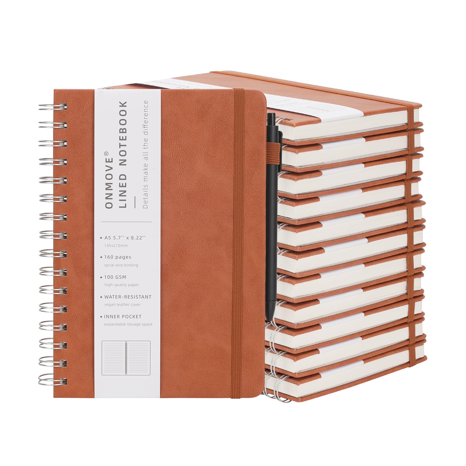 OnMove Lot de 12 carnets à spirale pour homme et femme avec couverture rigide en cuir et porte-stylo - Format A5 - 160 pages - Papier épais de 100 g/m² - Pour le travail et l'école - Ligné marron
