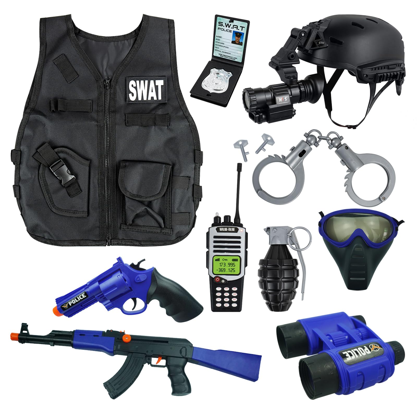 RedCrab Disfraz de Policía para Niño con 12 Accesorios: Equipo, Chaleco, Sombrero, Juguetes, Esposas, Walkie Talkie, Insignia, Cinturón - para Halloween 3-10 Años