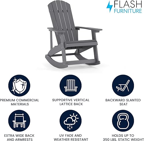 Miniatura 4 de Flash Furniture Savannah - Mecedora Adirondack de madera de poliresina, poliestireno gris para todo tipo de clima, herrajes de acero inoxidable