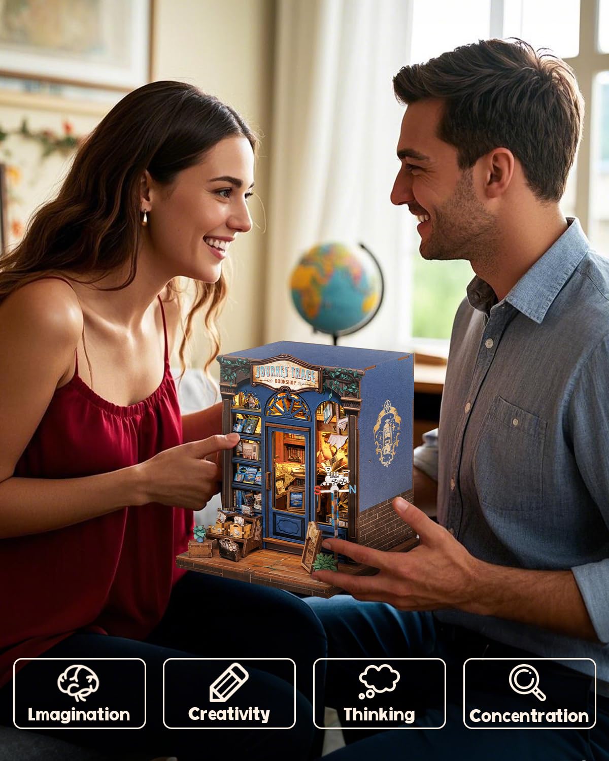 Cutefun Kit per angolo libro, kit fai da te in miniatura per adulti, puzzle 3D in legno con LED (Tragitto libreria)