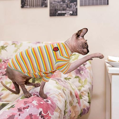 Miniatura 7 de Bonaweite Sphynx Camisa de gatos sin pelo, Cornish Rex Kitten Rainbow Stripe Camisetas con mangas, suéter de cuello alto transpirable para gatos,
