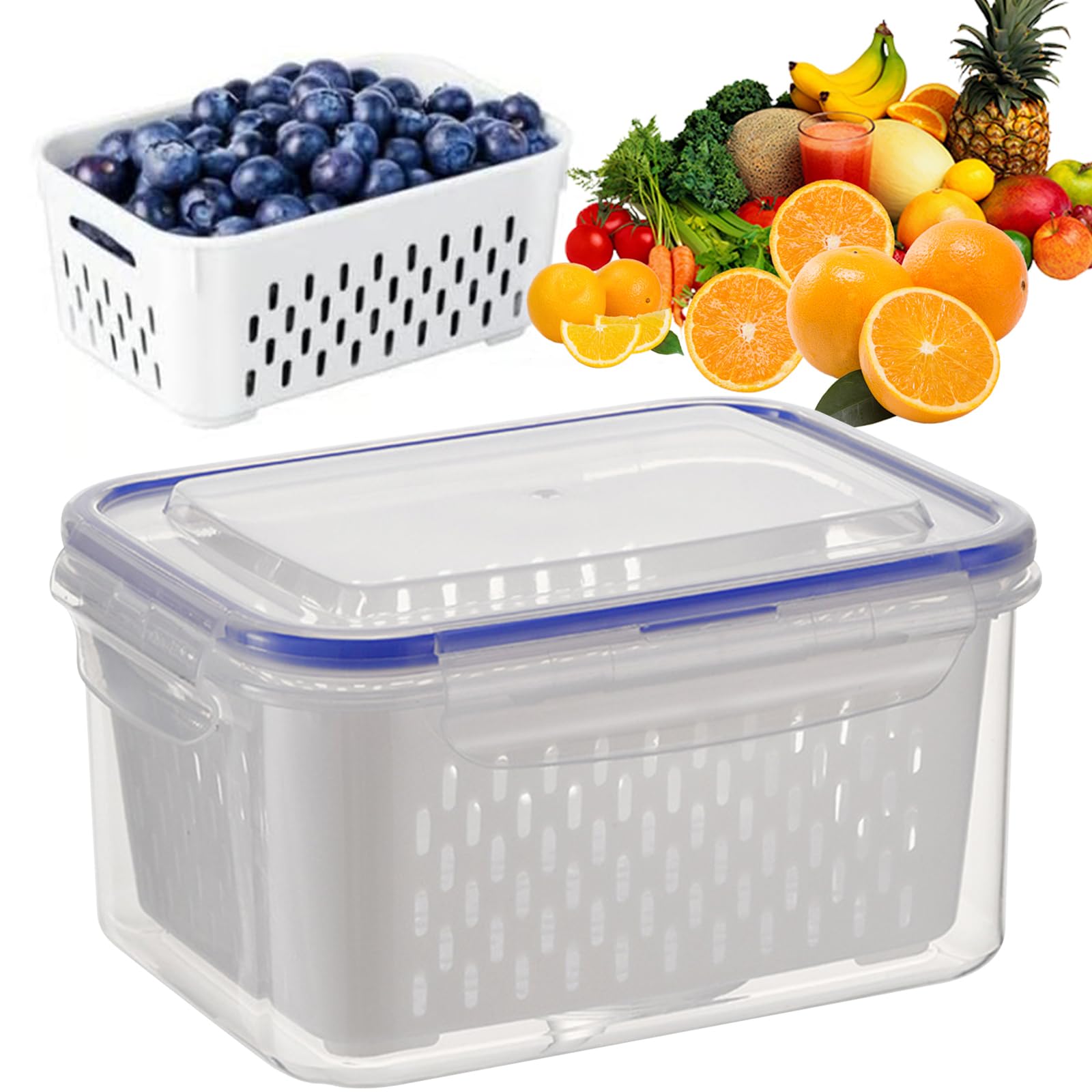 Fruit Storage Containers for Fridge, Plastic Fresh Produce Saver Container with Removable Colander, Leak Proof Transparent Vegetable Fruit Storage Box with Drain Basket, Kitchen Organizer (Blue 850ml)