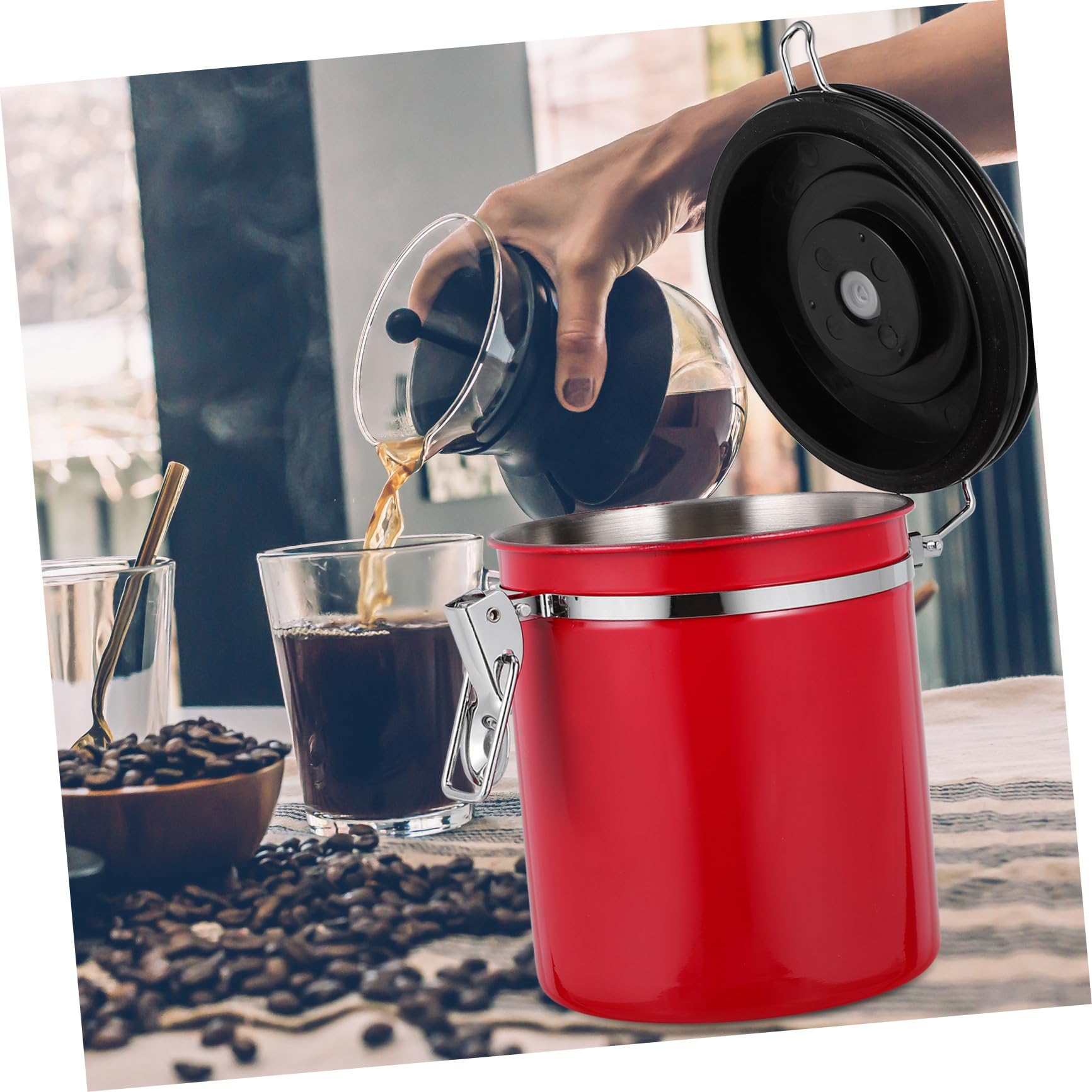 Angoily Roter Edelstahl Kaffeebehälter mit Deckel, Kleine Ausführung | Kaffeebohnen und Salz, 1 Stück, Lebensmittelverschluss, Vielseitige Aufbewahrung