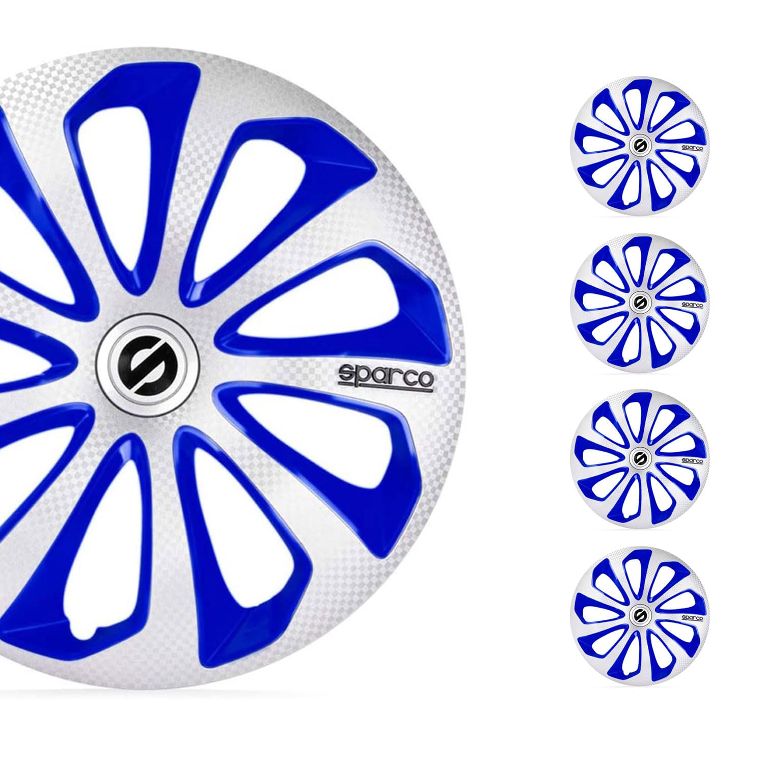 SPARCO Tapacubos 14" pulgada Kit plata Azul carbón Embelecedores De Rueda Juego de tapacubos SPC1475SVBLC