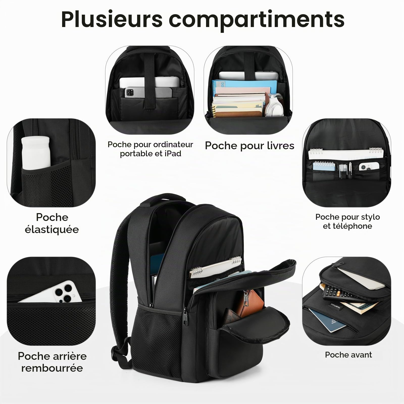 YAMTION Sac à Dos Ordinateur Portable 17.3 Pouces, Sac à Dos Homme, Sac à Dos PC Portable pour Loisir, Scolaire, Affaire