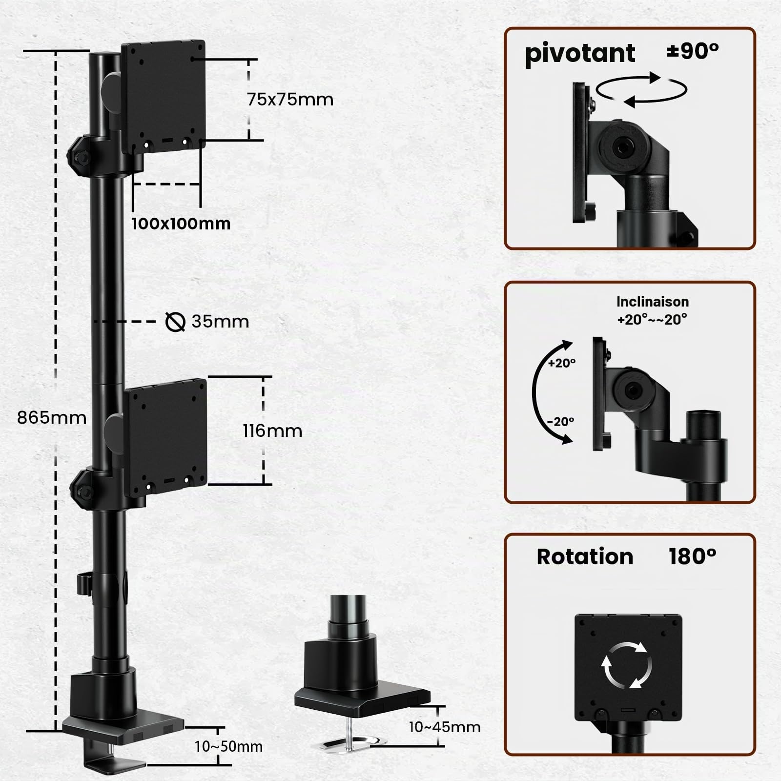 Support Double écran Vertical 24-57", 27kg/Bras, VESA 75/100