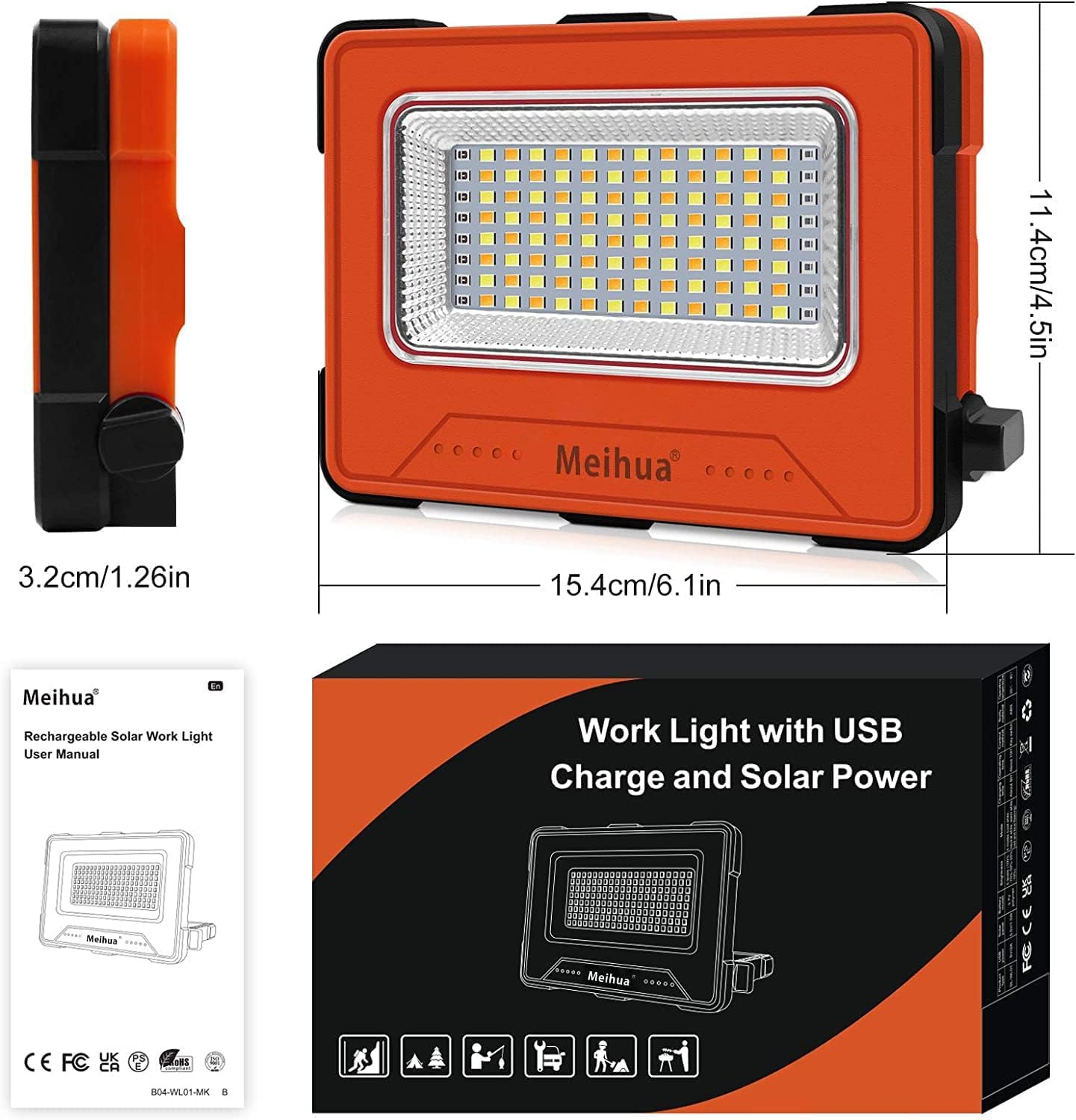 MEIHUA Lampa robocza LED, 60 W, 10 000 mAh, reflektor budowlany LED, akumulator, wodoszczelna, przenośna, ładowana, 4 tryby świecenia, USB lub ładowanie solarne, lampa na plac budowy, warsztat,