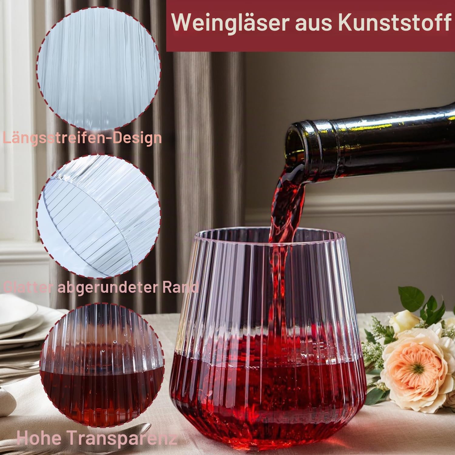 8er-Set 400 ml Weingläser Kunststoff, Plastik Weingläser Mehrweg, Tragbare Camping Gläser Unzerbrechlich, Transparenter Kunststoffgläser mit Geriffelt für Familie, Camping, Party (8er Set)