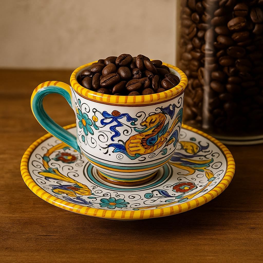 GUTE Deruta Italy Raffaellesco Espresso Cup & Saucer | Handcrafted & Handpainted Italian Ceramics | Authentic Italian Pottery Handmade in Deruta, Italy | 1.5 oz/45 mL