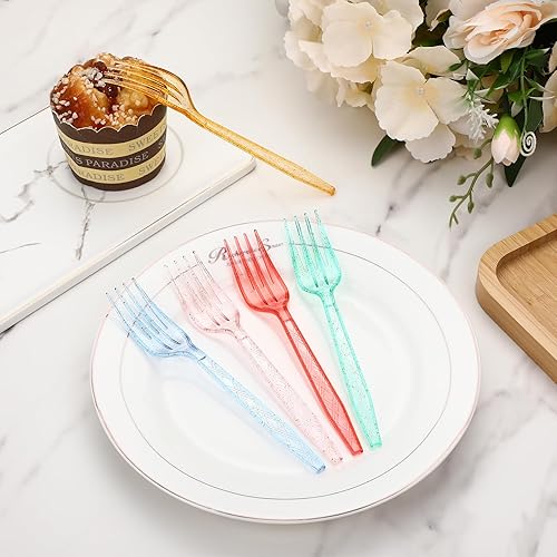 Vista 25 de Tioncy 360 tenedores de plástico desechables arcoíris a granel coloridos cubiertos desechables de plástico neón para fiesta de Acción de Gracias
