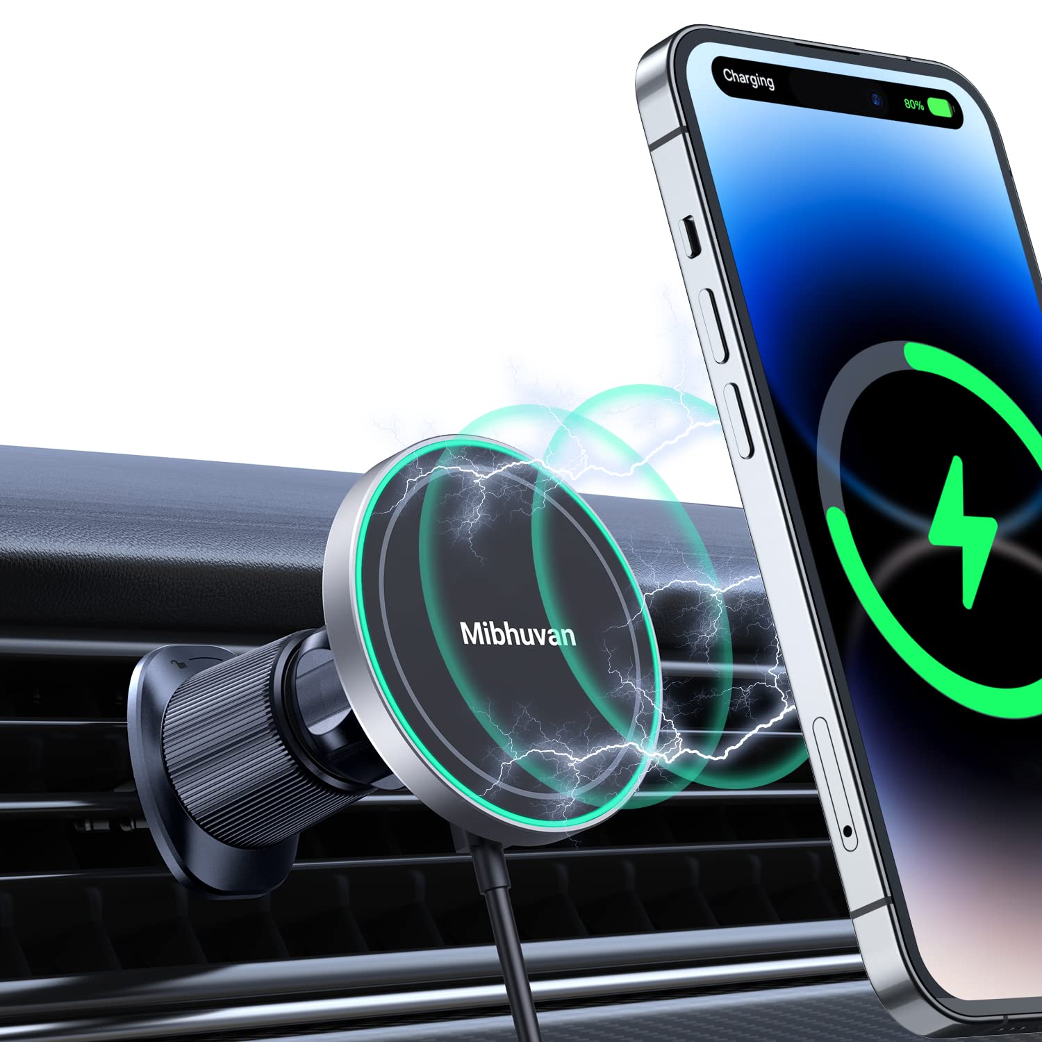 Mibhuvan Magnetic Wireless Car Charger Mount [15W Fast Charging] for Magsafe Phone Holder Mount [20 Strongest Magnets] Vent Mount Magnetic Car Charger Mount for iPhone 14 13 12 Pro Samsung Cell Phones