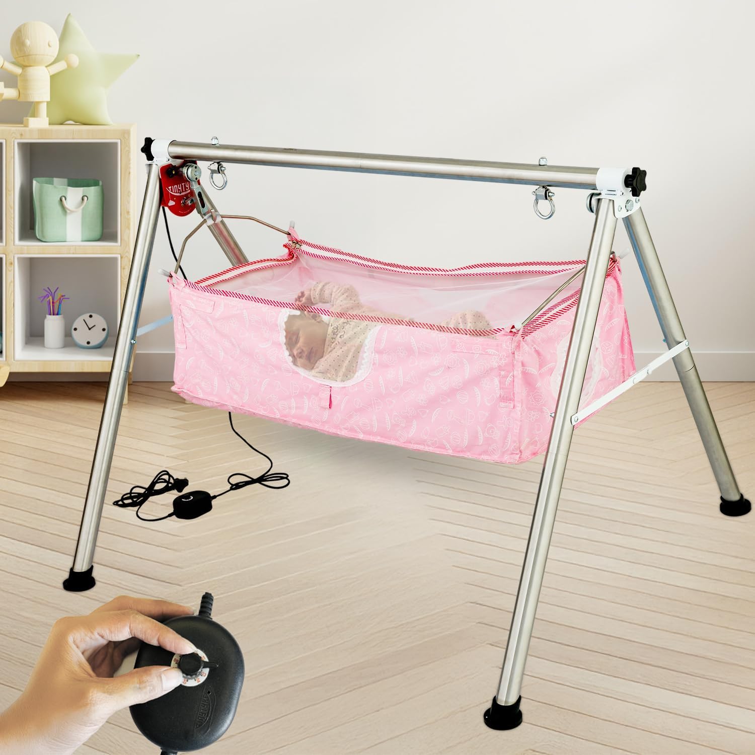 TINYTYKE Automatic Swing Cradle for Baby - Electric Swing w/Adjustable Speed - Fully-Foldable Stainless Steel Round Pipe Frame - Square Hammock Palna/Jhula for Newborns & Toddlers 0-3 Years - Pink