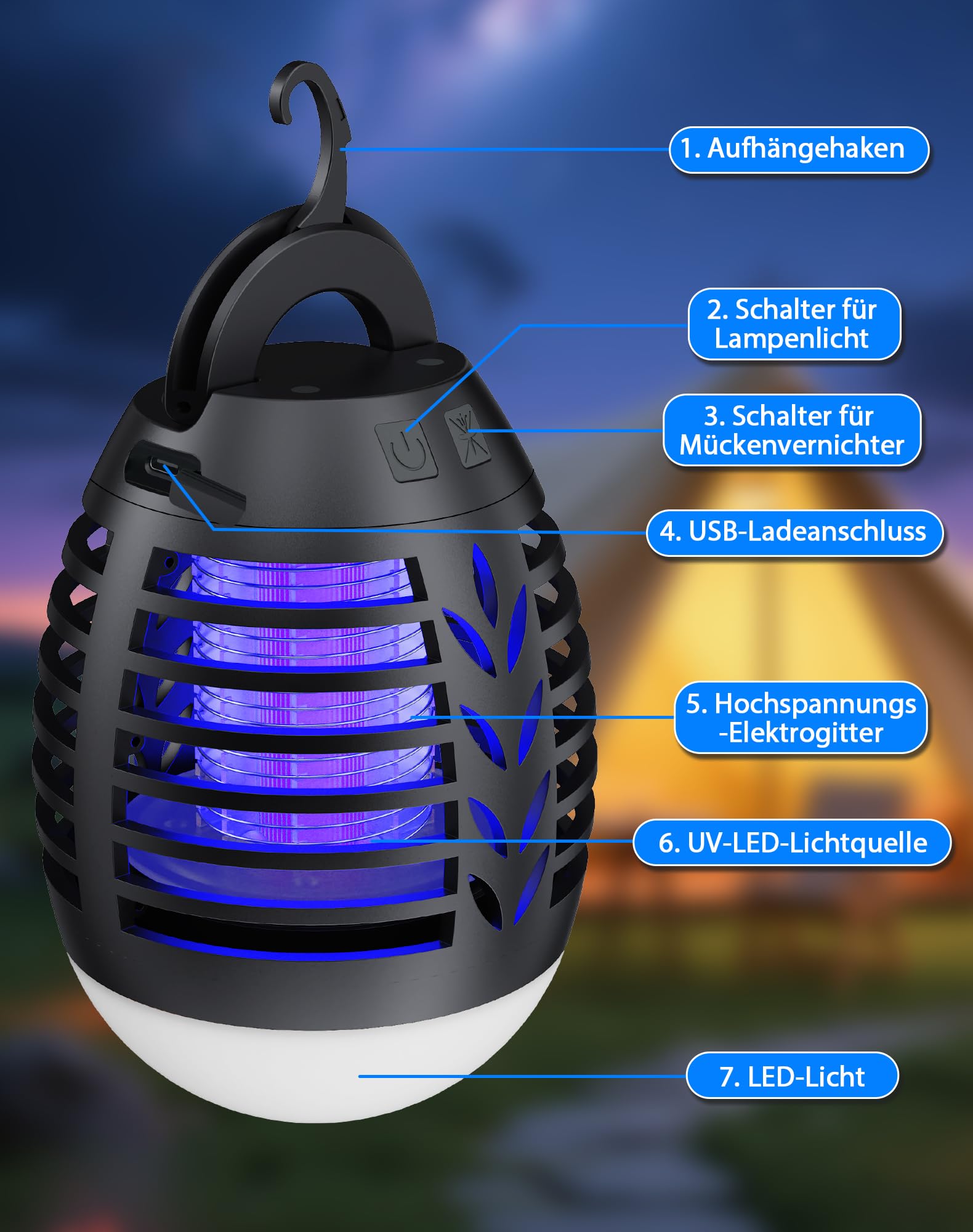 Insektenvernichter Campinglampe Outdoor, LED Mückenlampe USB Wiederaufladbar 2-In-1 Moskitokiller Lampe mit LED Licht, 3 Beleuchtungsmodi, Wasserdicht UV Mückenschutz für Camping, Zelt, Garten