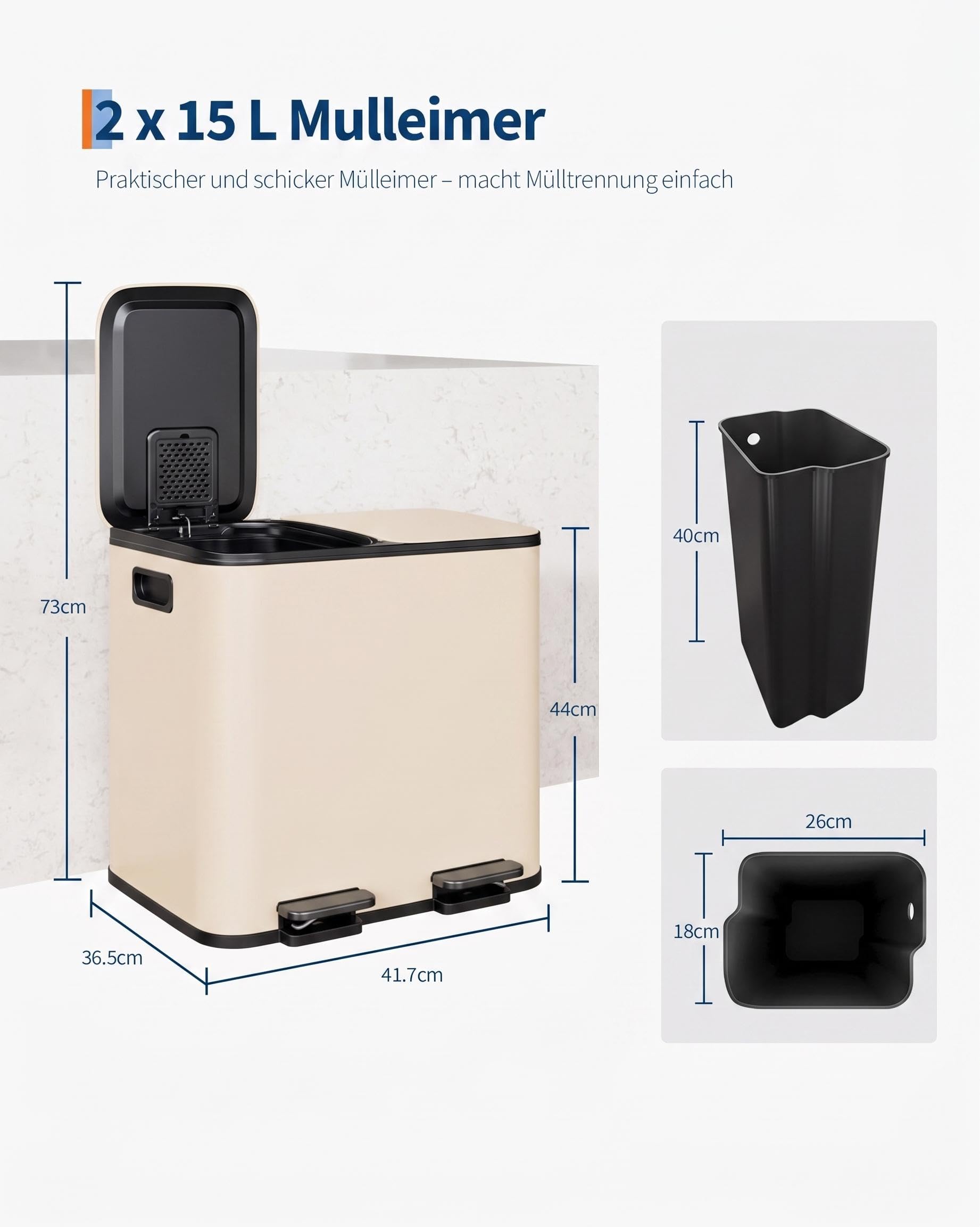 GarveeLife Doppelter Küchenabfalleimer 30L (2 x 15L) Edelstahl Tretmülleime | lose, Deckel, Separate Fu?pedale, Herausnehmbare Inneneimer, Geruchsneutral, Platzsparend, Beige