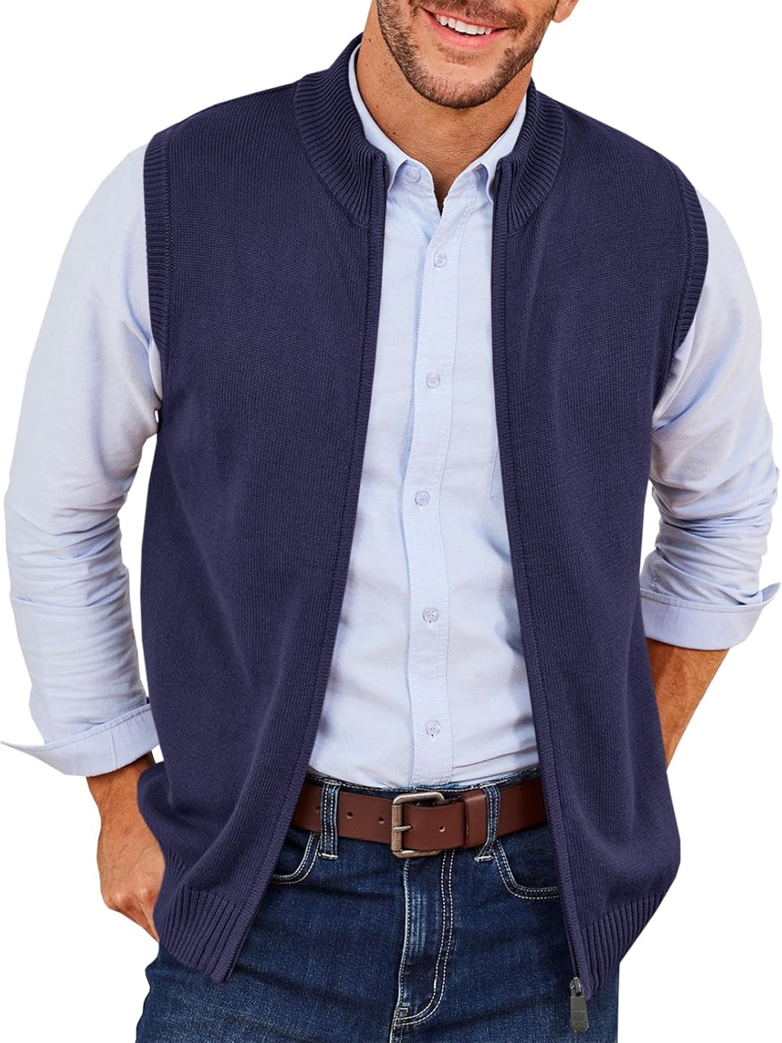 Runcati Mens Full Zip Sweater Vest Knitted Stand Collar Cardigan Golf Vest Casual Slim Fit Sleeveless Sweaters