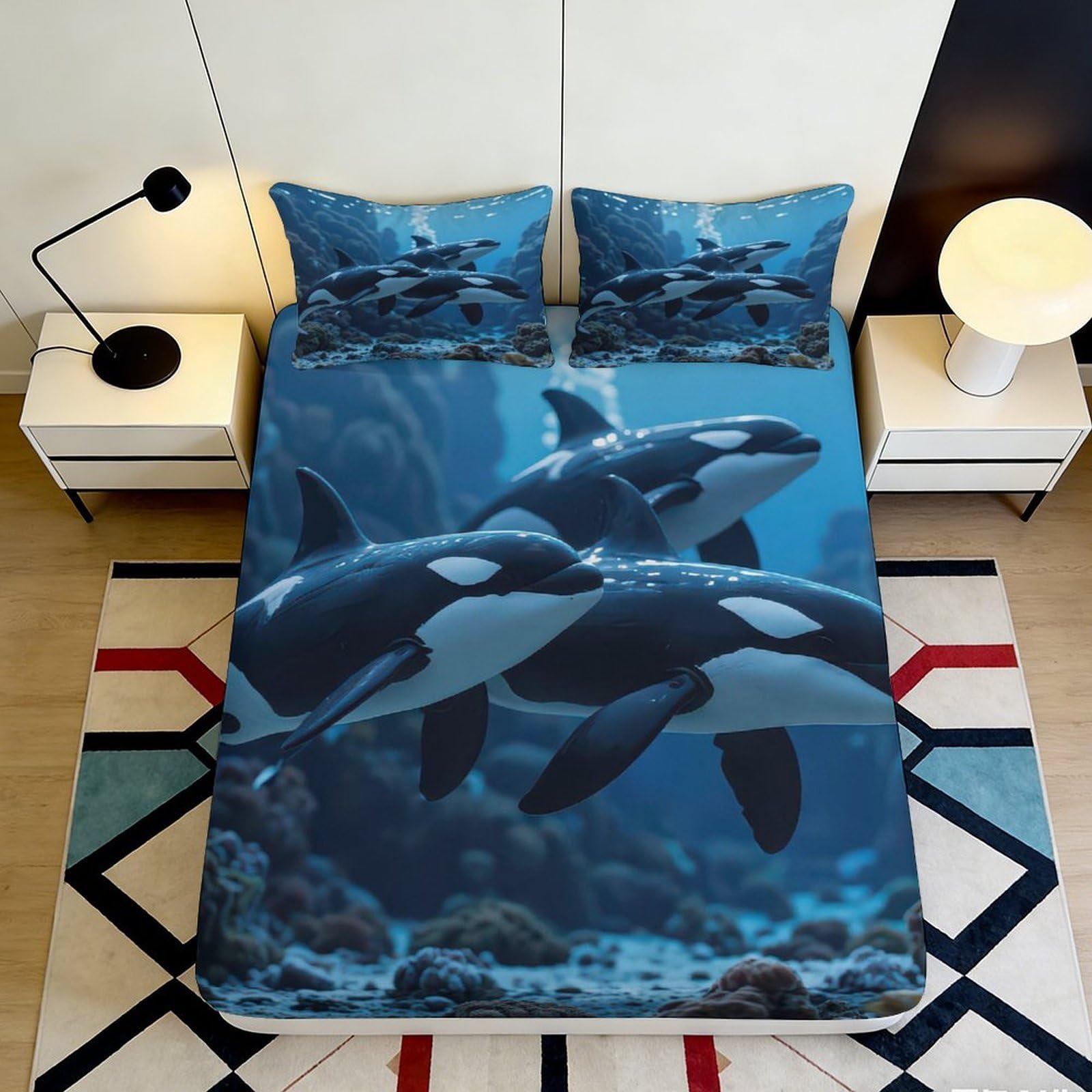 3D Printed Ocean Orca Fitted Sheet Microfiber Soft Anti-Slip Underwater Whale Bed Cover for Bedroom Guest Room Decor 90x200x25cm