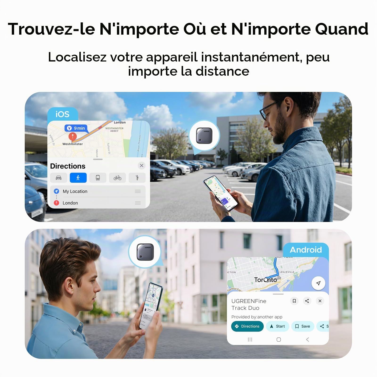 UGREEN FineTrack Duo Tag Traceur avec iOS Find My et Android Find Hub Recharge USB C et UGREEN FineTrack Slim Bluetooth Wallet Tracker Ultra Fin 1.7mm