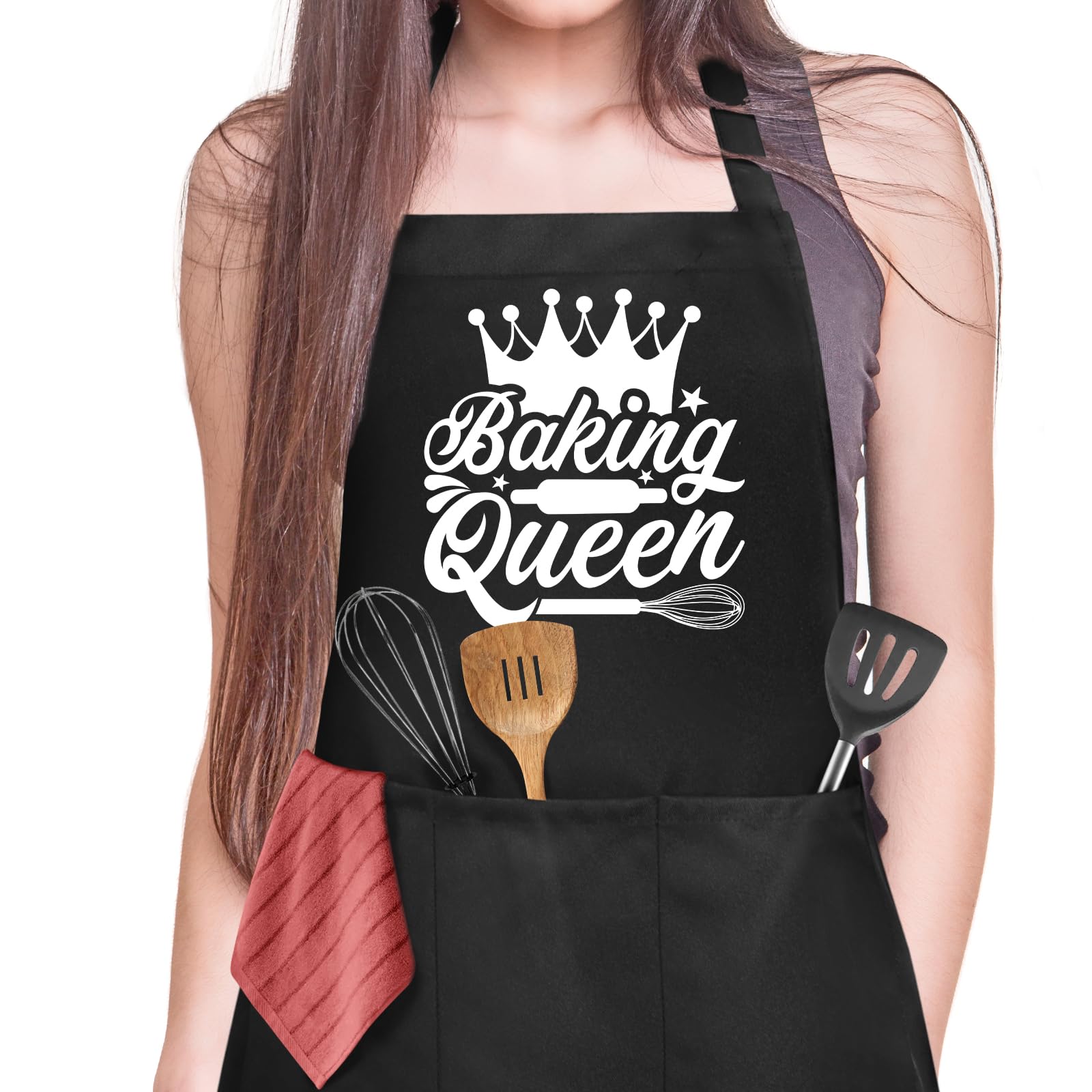 Jiusely Funny Baking Apron for Women Baking Queen Cooking Apron with 3 Pockets, Unisex Waterproof Kitchen Apron for Baker