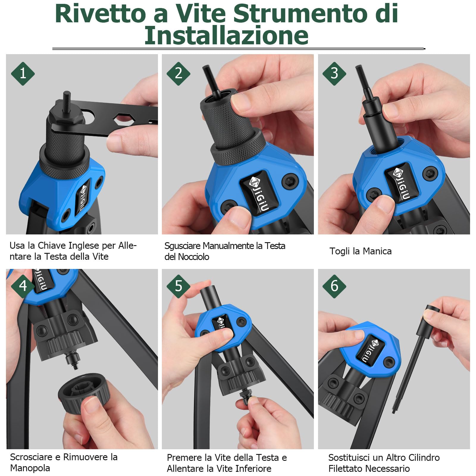 JiGiU Rivettatrice Professionale 2 in 1 per Inserti Filettati-7pz Mandrini Metrici 110 Dadi 5 Diverse Misure Doppio Manico di Rivettatrici-50 pz Rivetti per Lavori Edili-Nero Blu