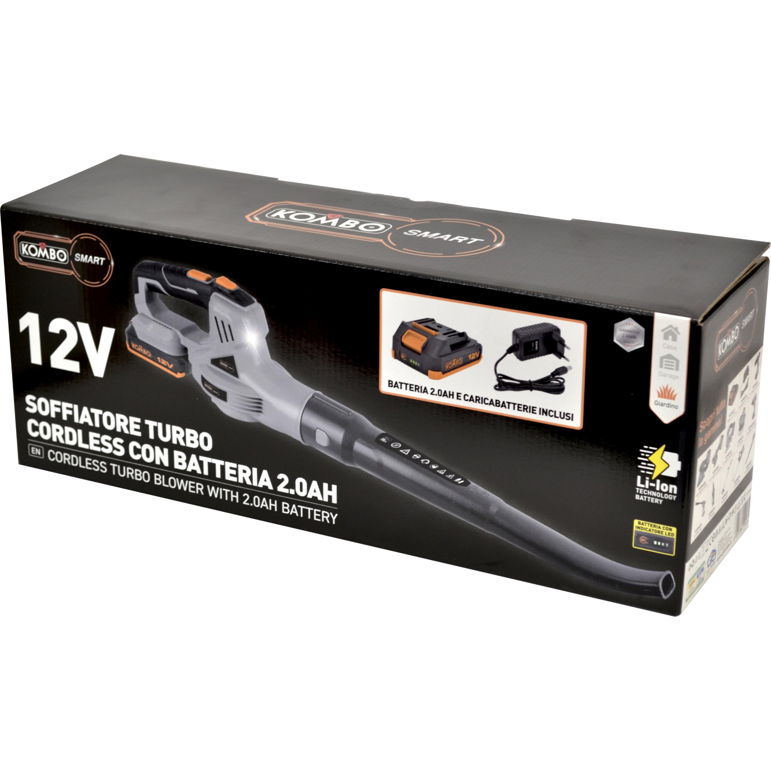 KOMBO SMART - Soffiatore 12V con Batteria 2.0Ah, Doppia Velocità ECO/TURBO, Ergonomico e Compatto, con Batteria e Caricatore inclusi