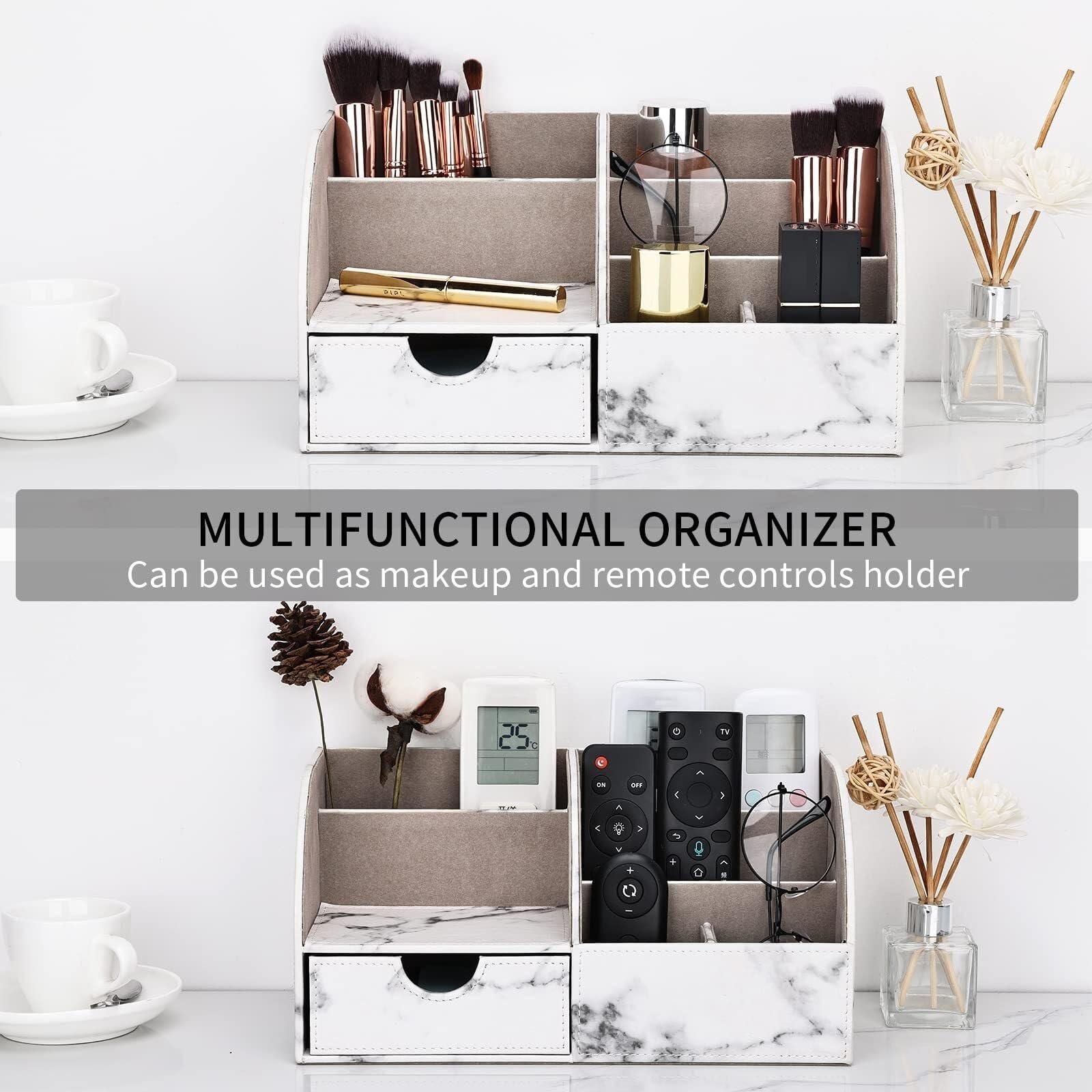 Stifteköcher Stifte Halter PU-Leder-Schreibtisch-Organizer, Stifthalter, 6 Fächer, mit Schubladen-Aufbewahrungsbox Schreibtisch-Organizer(Brown)