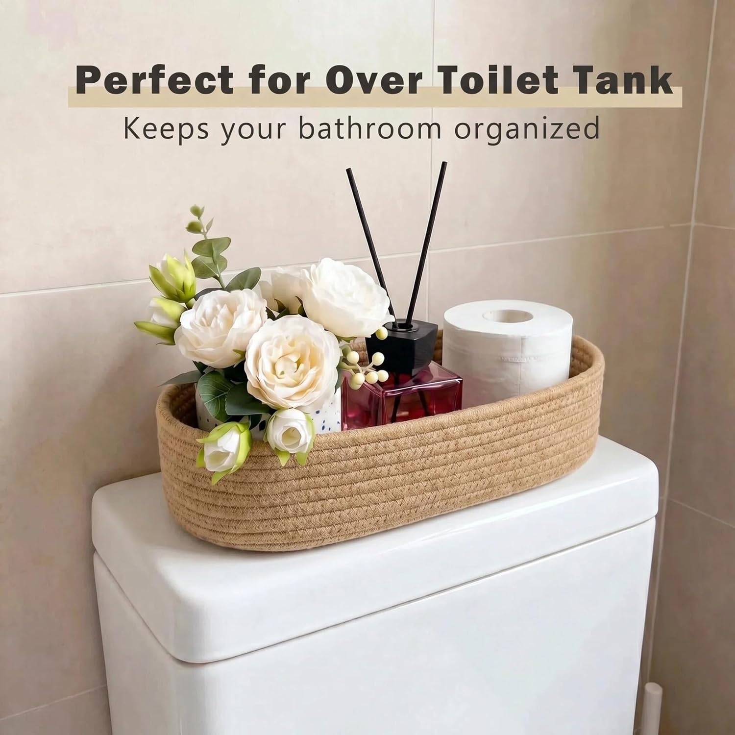 Woven Toilet Paper Basket - Storage Basket for Back of Toilet, Over Tank, Small Basket for Home Decor, Bathroom, Living Room, Bedroom Organizer (Brown, M - 14.2" L x 6.3" W x 3.8" H)