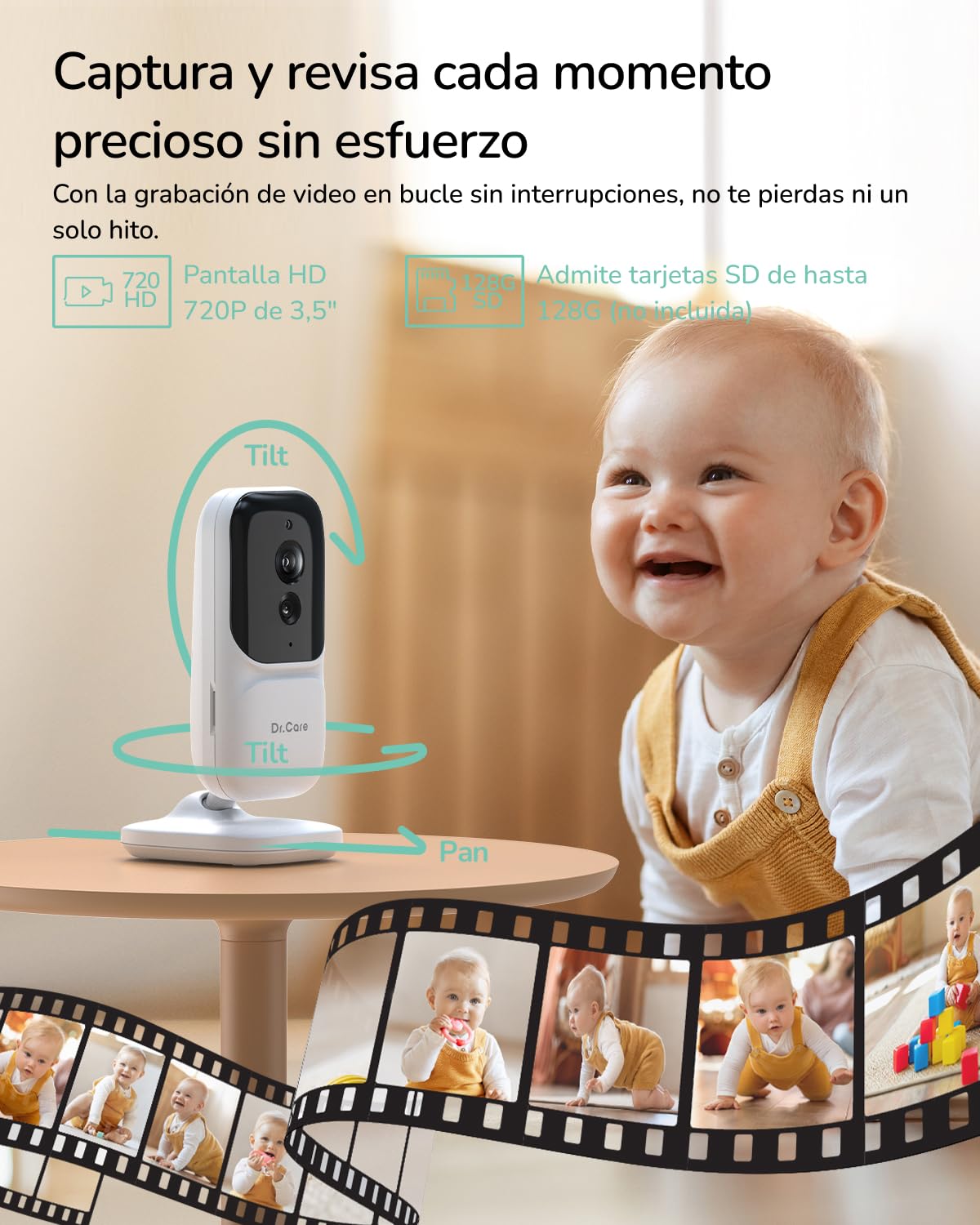 Dr.Care NeoView - Cámara de vídeo con 2 cámaras - Pantalla de 3,5", Audio bidireccional, grabación en Bucle, visión Nocturna, VOX, Sensor de Temperatura, cunas, sin Wi-Fi, 128 GB